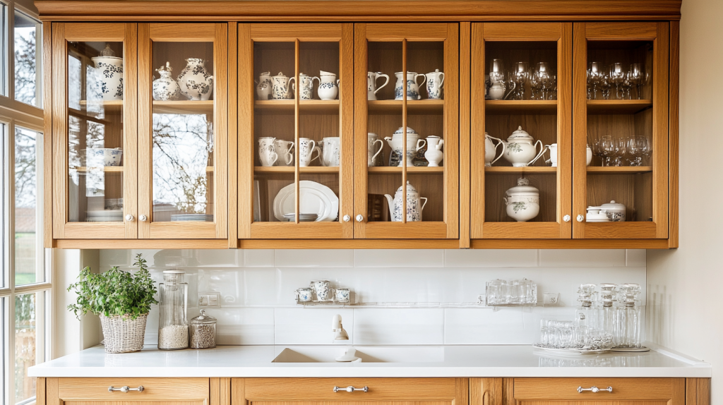 Glass-front white oak kitchen cabinets showcasing fine china and glassware in a bright and inviting kitchen.