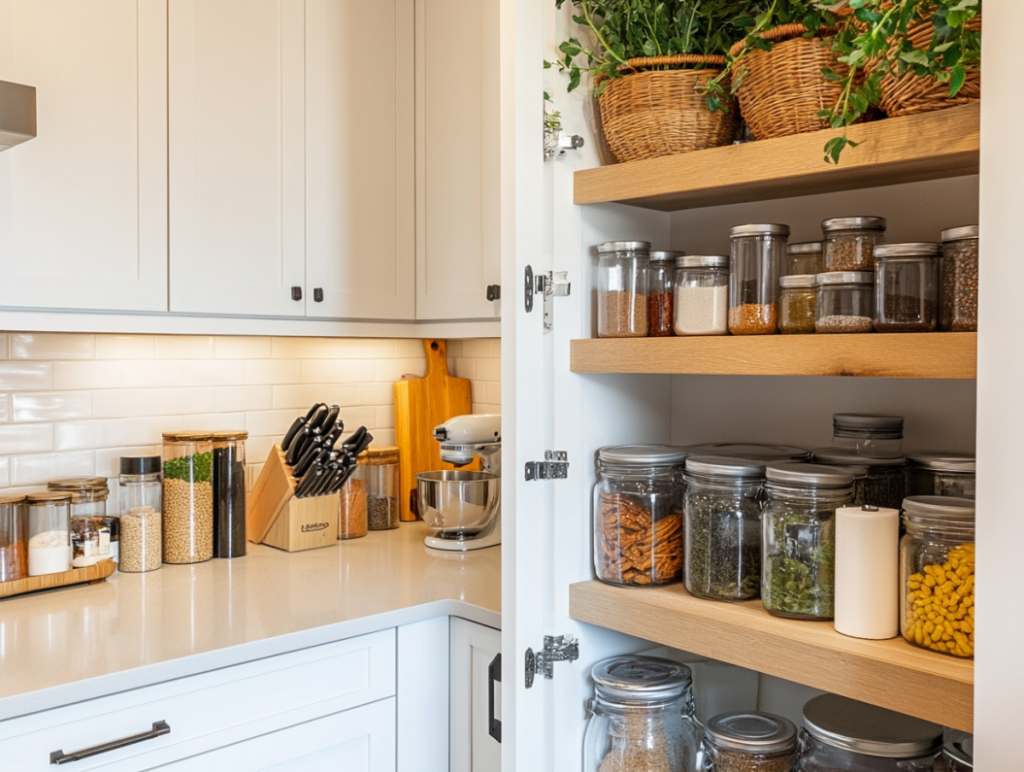 Modern kitchen pantry with wood shelves and glass storage jars