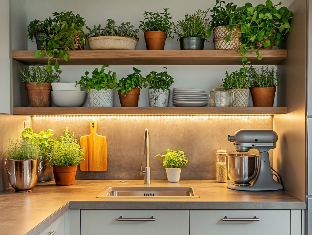 Modern kitchen pantry with wood shelves and glass storage jars