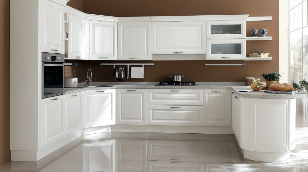 Bright U-shaped kitchen with glossy white raised-panel cabinets, curved peninsula, polished tile floor, stainless steel appliances, open shelving, and a brown accent wall.