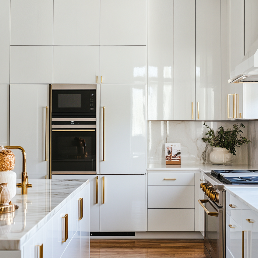 Glossy white kitchen cabinets with matte gold handles and built-in black appliances.