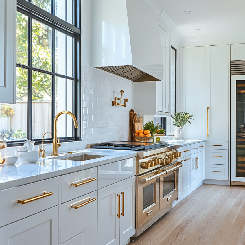 White kitchen cabinets featuring unique geometric gold handles with a shiny white subway tile backsplash and brass pendant lighting.