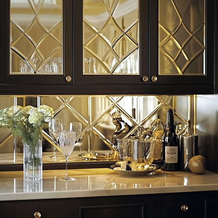 Gold trim cabinet doors with mirrored backsplash and decorative glassware in black kitchen.