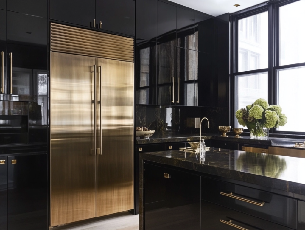 High-gloss black kitchen cabinets with champagne gold hardware and marble countertops.