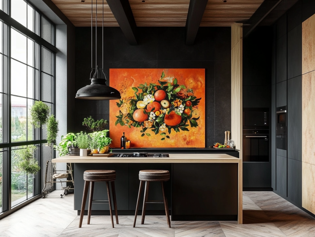 Modern kitchen with industrial pendant lights and large fruit-themed wall art.