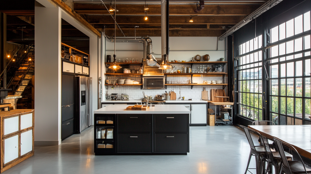 Black metal-framed kitchen cabinets paired with open shelving and modern appliances.