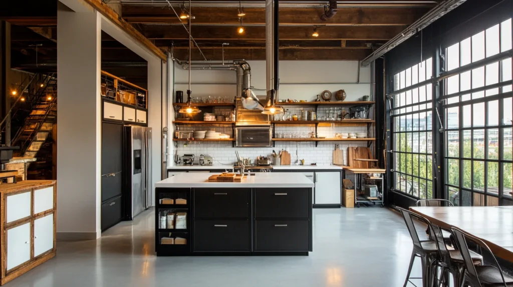 Black metal-framed kitchen cabinets paired with open shelving and modern appliances.