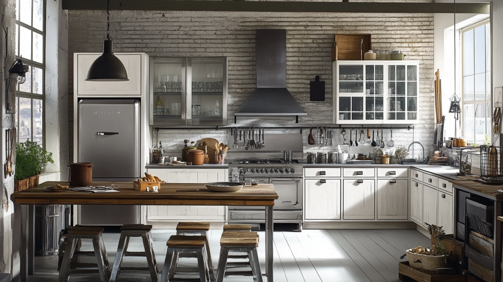 A modern white kitchen with industrial exposed brick walls, sleek white cabinets, and stainless steel appliances for a stylish and functional design.