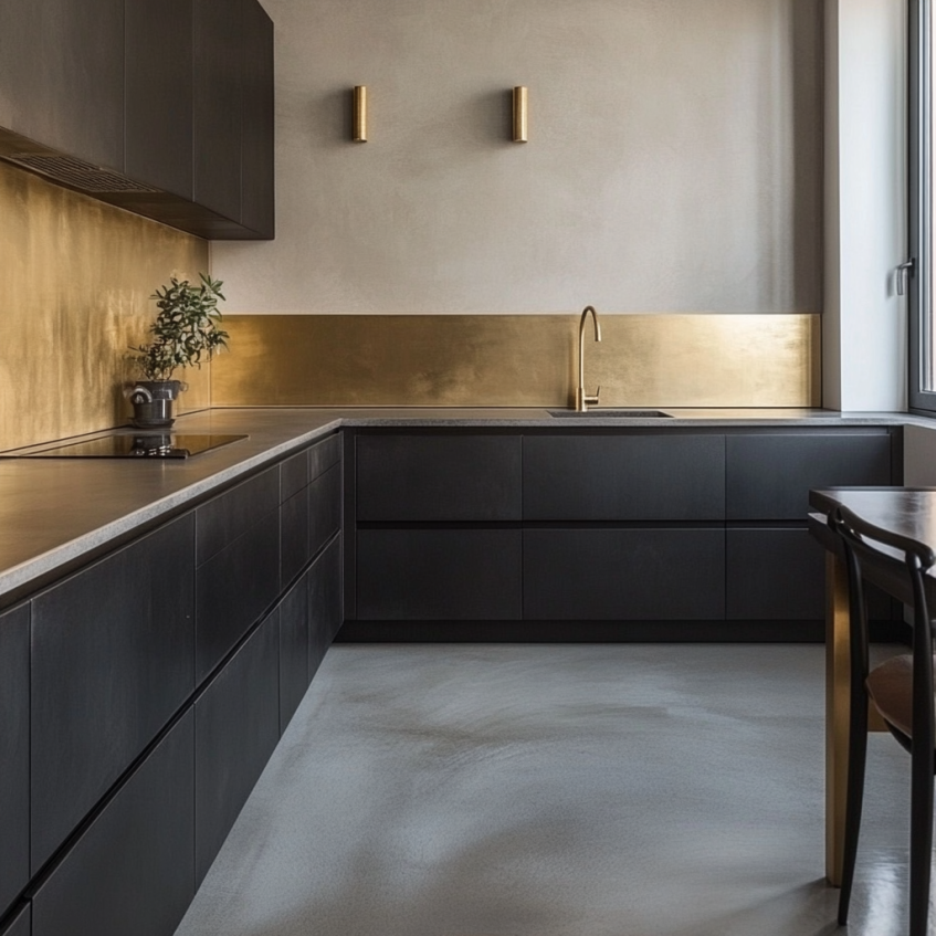 Raw concrete kitchen floors with matte black cabinets and gold pulls, creating industrial chic atmosphere.