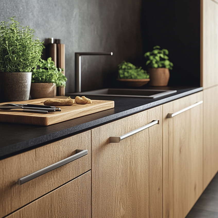 Modern kitchen cabinets with integrated handle designs offering simplicity and streamlined aesthetics