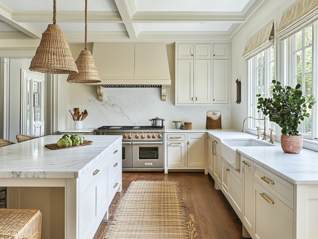 L-shape kitchen with cream shaker cabinets, marble countertops, and woven pendant lighting