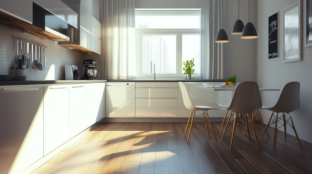 L-shaped kitchen with glossy floating white cabinets, integrated handle‐free drawers, stainless steel sink under a large window, and wood‐tone floors illuminated by natural light.