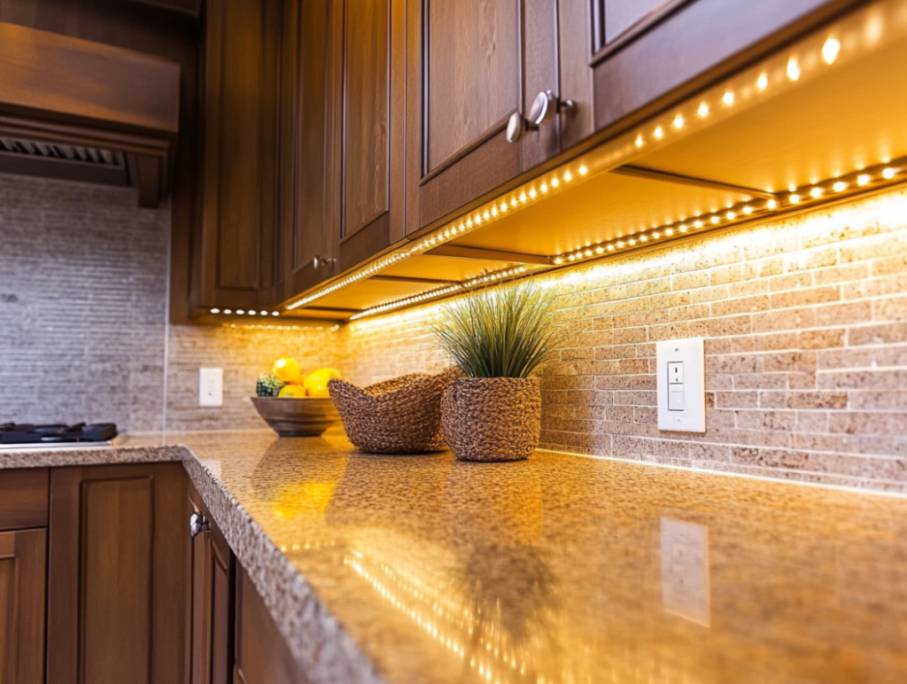 Kitchen cabinet lighting under wood cabinets with textured backsplash.