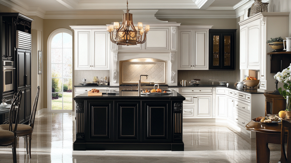 A spacious large kitchen with a prominent black island and white perimeter cabinets, perfect for both style and functionality.