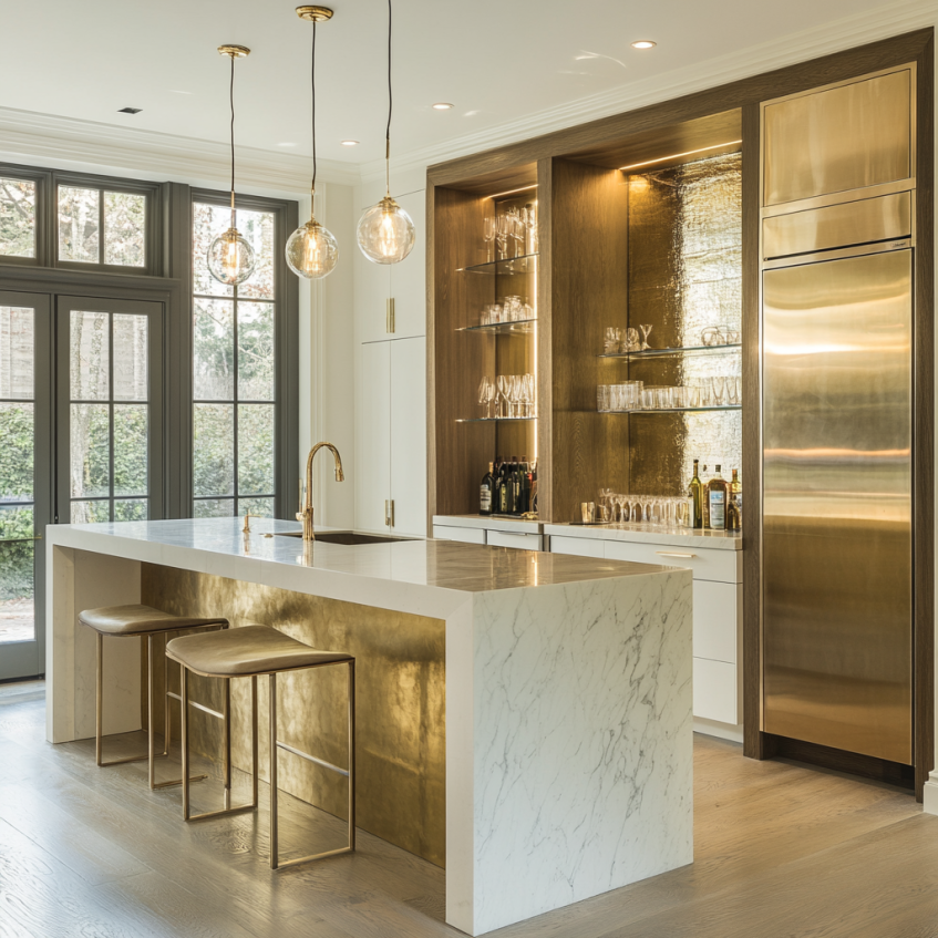 Large kitchen with a gold-accented island, glass shelving, and built-in bar area.