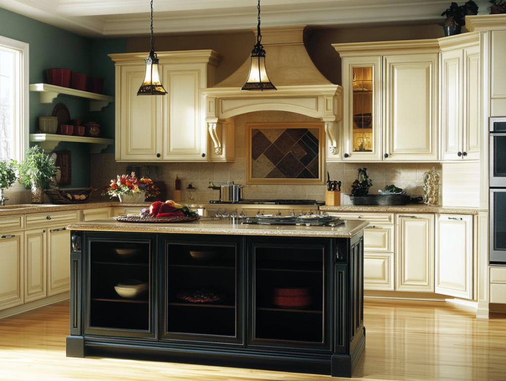 Light-colored kitchen cabinets paired with a dark kitchen island creating a striking visual contrast