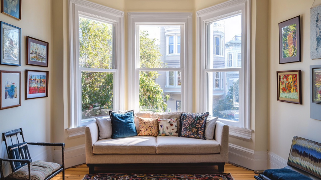 Living Room's ’Bay Window with Art Decor