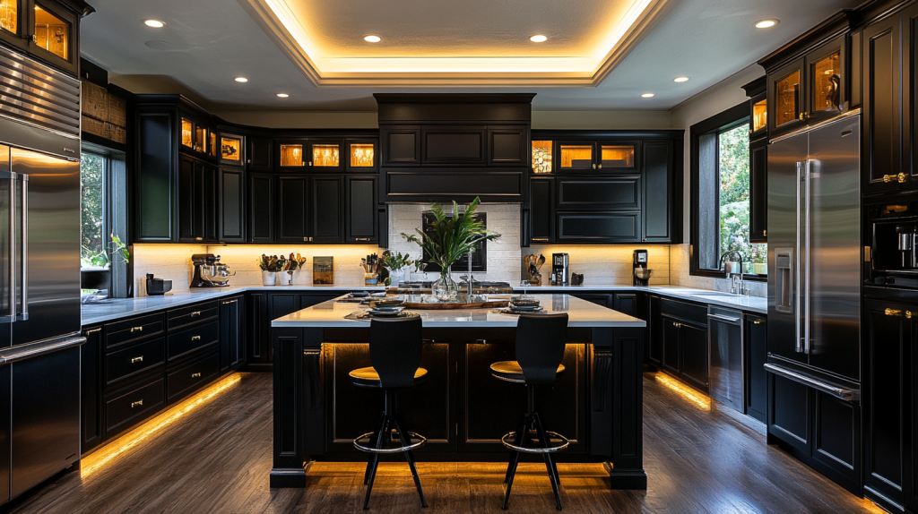 Elegant kitchen with glossy black cabinets illuminated by warm under-cabinet lighting creating a luxurious ambiance.