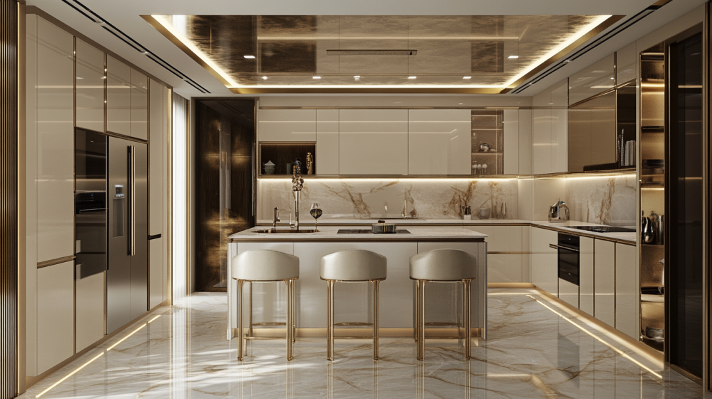 Luxurious modern kitchen featuring high-gloss white lacquered cabinets, marble countertops, and ambient lighting. The sleek design is complemented by stylish bar stools and a spacious island.