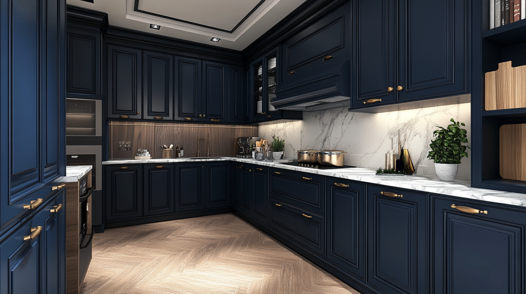 Navy blue U-shaped kitchen with gold handles and white marble backsplash
