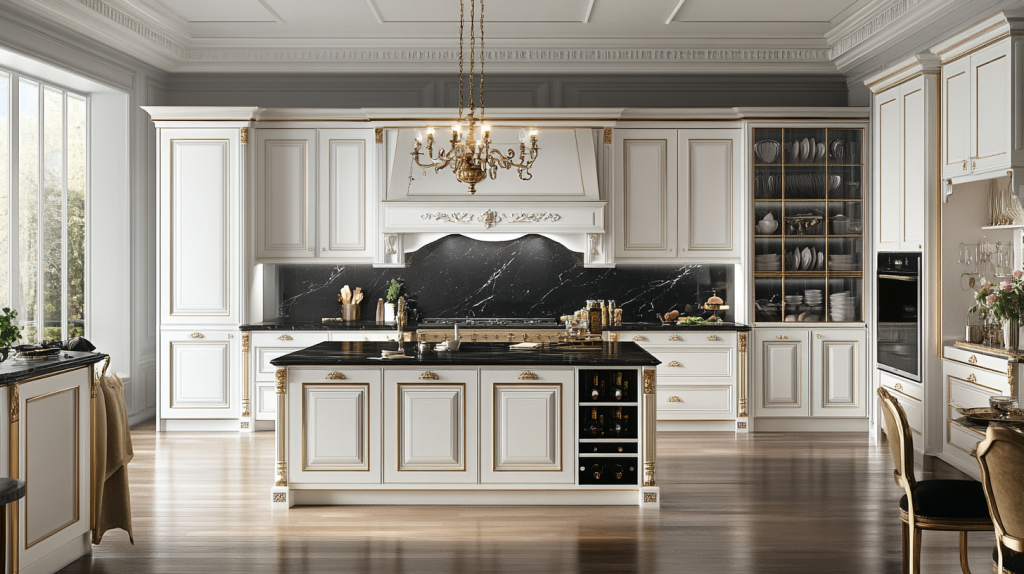Luxurious kitchen featuring white cabinets with gold accents, black granite countertops, and a black accent wall behind the stove.