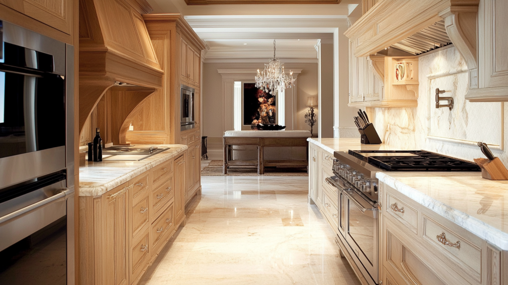 A luxurious kitchen featuring white oak cabinets with marble countertops, creating an elegant and sophisticated atmosphere. The kitchen includes a spacious layout with high-end appliances and intricate details, perfect for a high-end design.