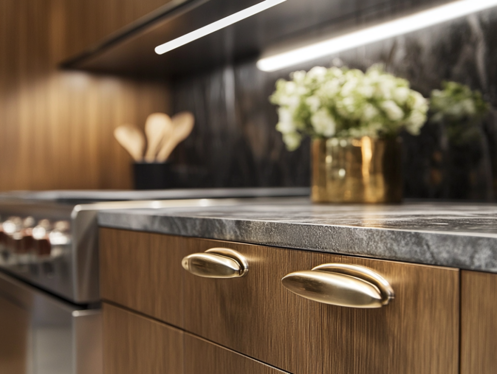 Wooden kitchen drawers with brass handles and dark marble countertops.