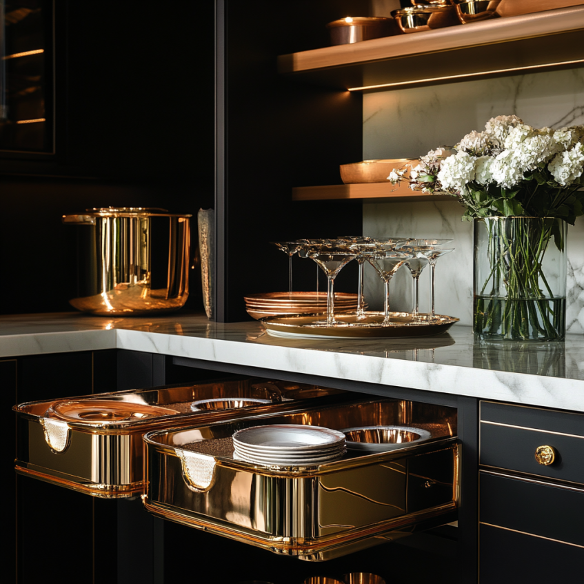 Black kitchen cabinets with gold-accented pull-out storage shelves and marble countertops.