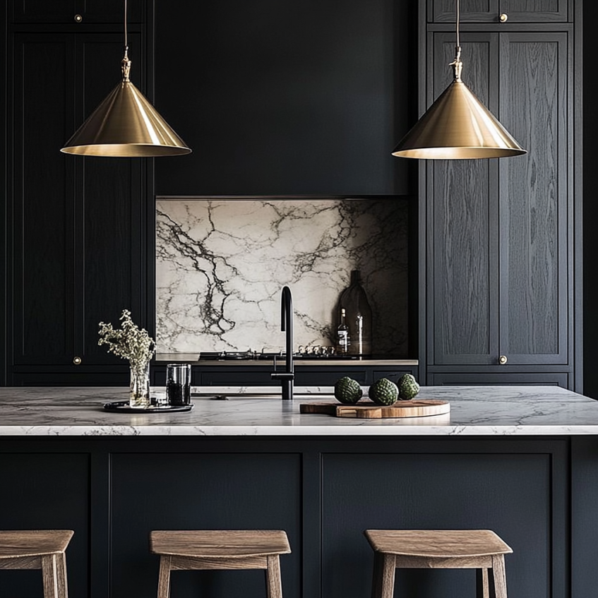 Matte black kitchen cabinets highlighted by antique gold pendant lights, creating cozy ambiance.