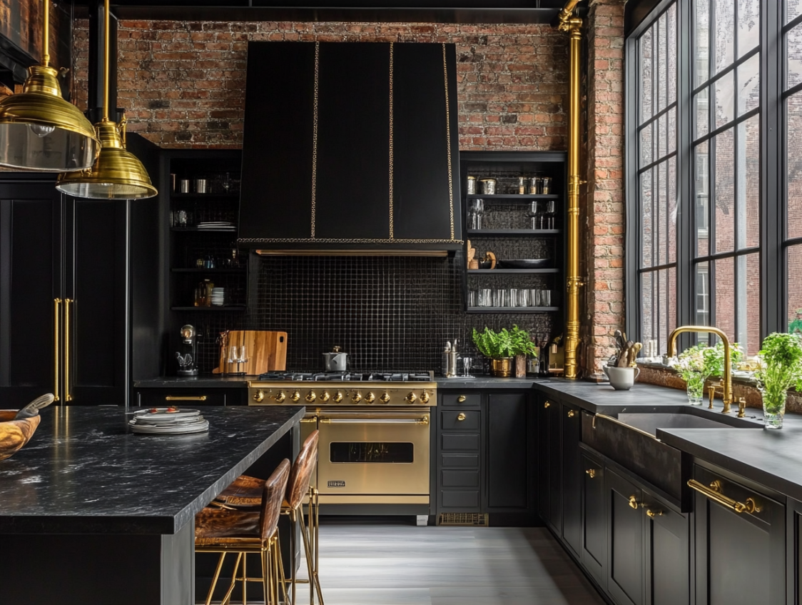 Exposed gold-tone pipes complementing matte black kitchen cabinets in a stylish industrial kitchen.