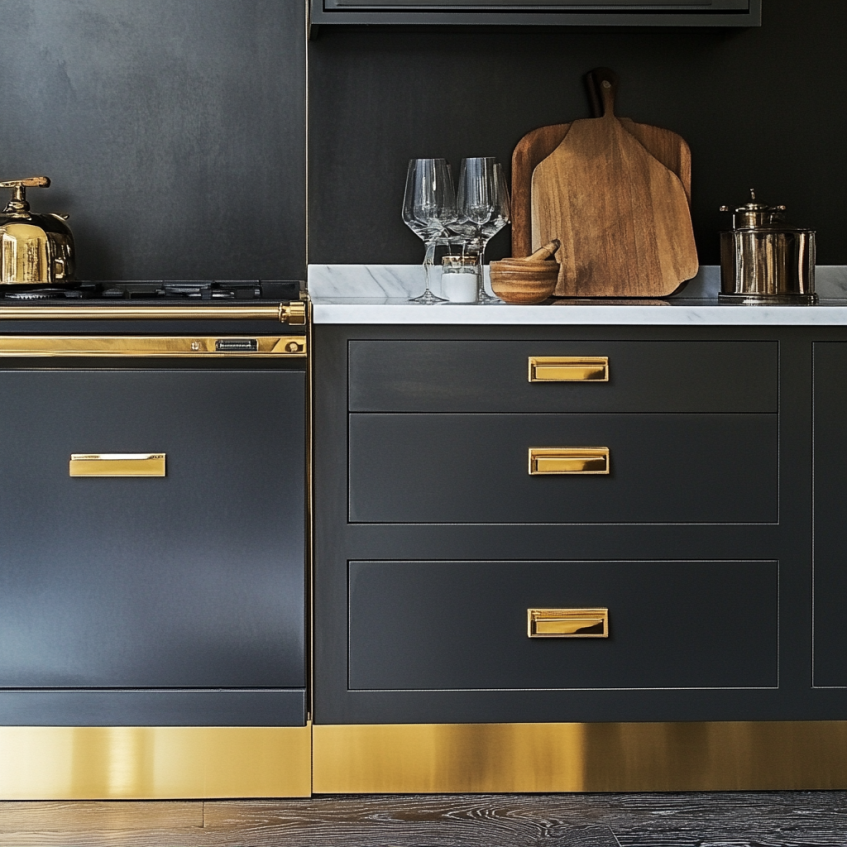 Modern matte black kitchen cabinets with bold gold toe-kicks and drawer handles.