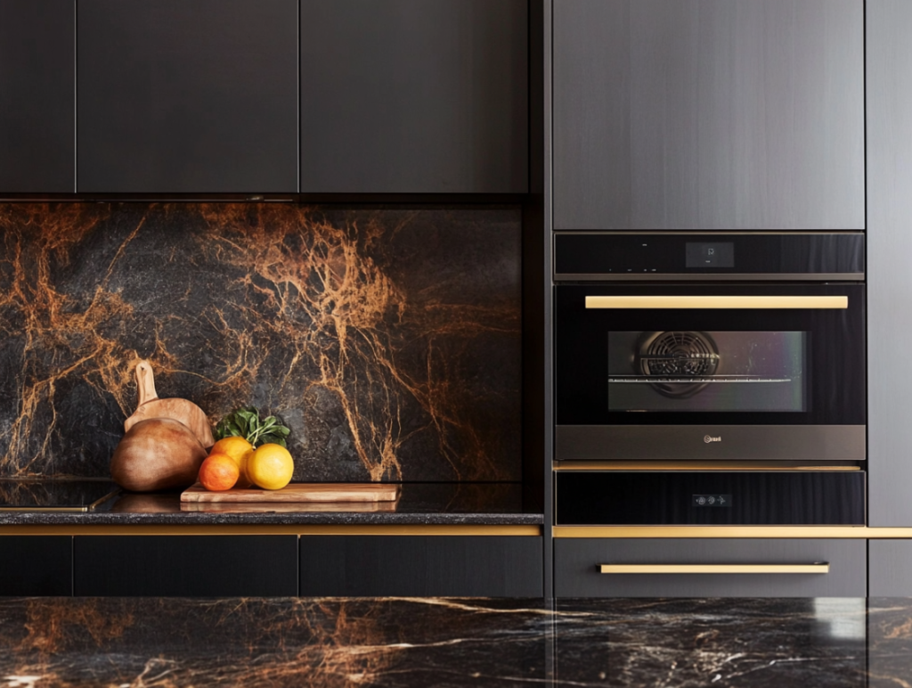 Black matte kitchen cabinets with gold trim and integrated appliances showcasing a sophisticated kitchen backsplash.
