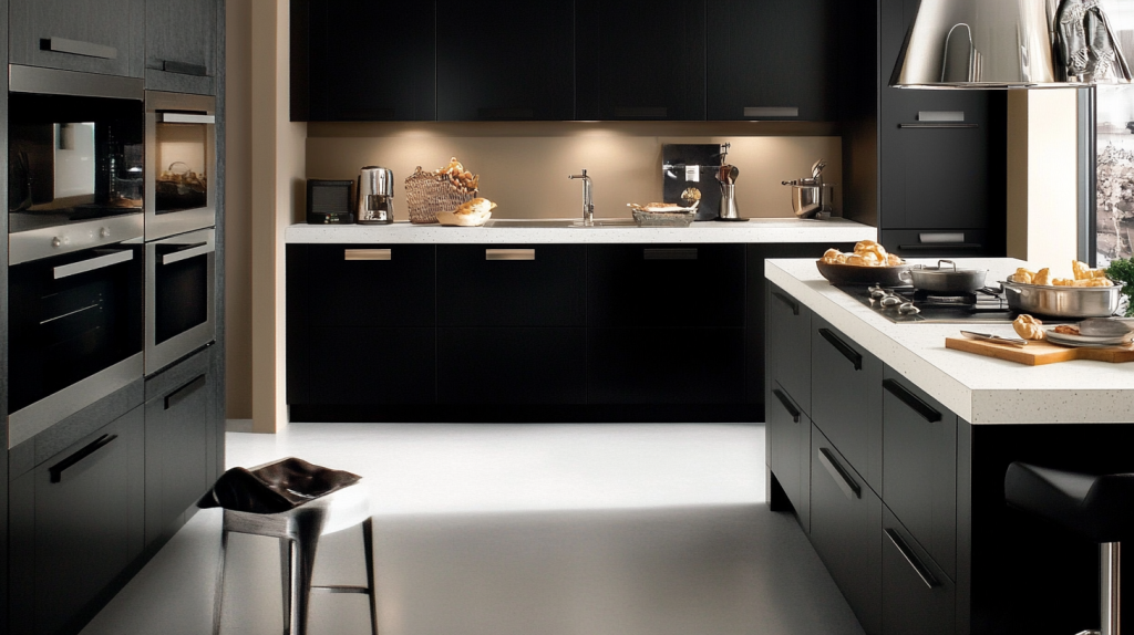 Matte black kitchen cabinets with white concrete countertops and minimalist backsplash under soft lighting.