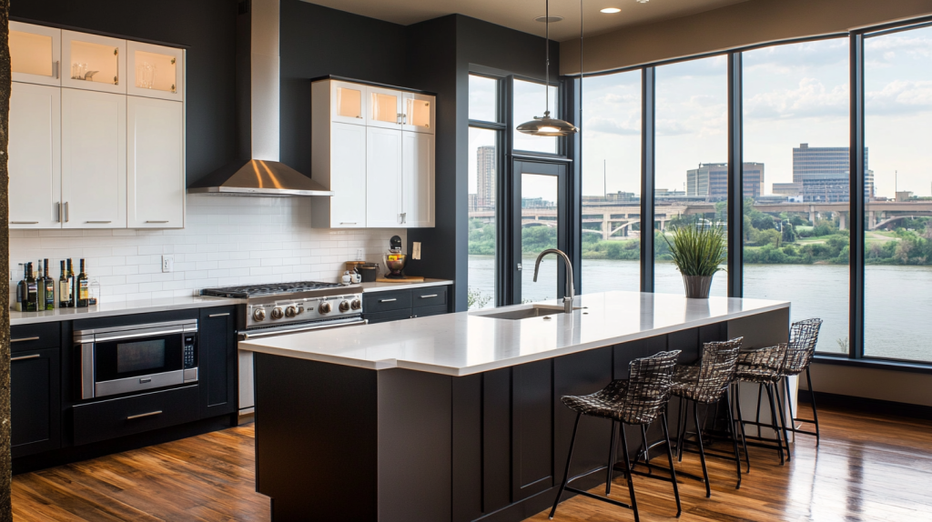 Kitchen with matte black lower cabinets, white upper cabinets, and white marble countertops, accented by brass hardware.