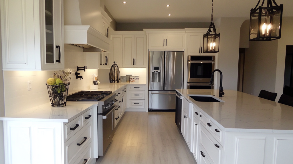 Contemporary kitchen featuring matte white shaker-style cabinets with black hardware, a white quartz countertop, and large windows.