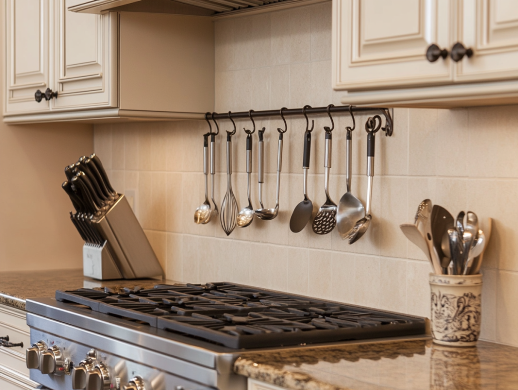 Mounted kitchen rail with hanging utensils above stovetop.