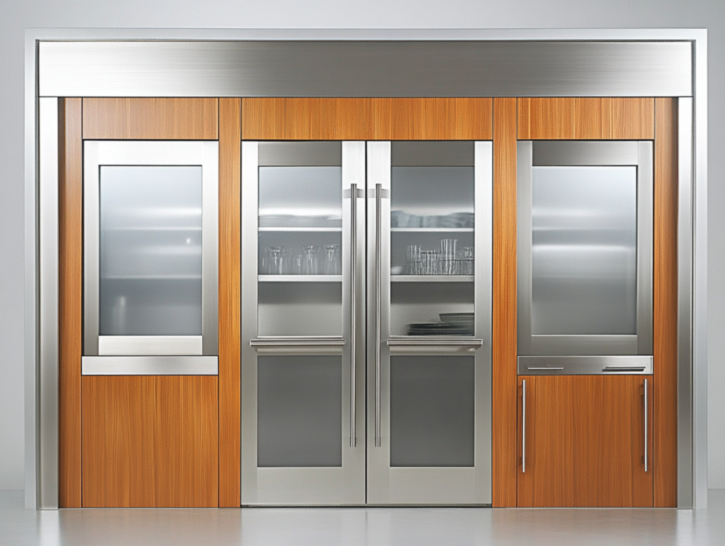 Contemporary kitchen with metal-faced cabinet doors combined with frosted glass panels and wooden framing, showcasing modern and futuristic design
