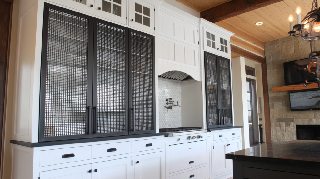 Black steel base cabinets with modern white upper cabinets minimalist kitchen design.