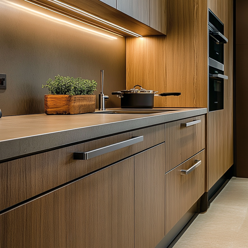 Minimalist flat slab kitchen cabinet doors paired with sleek modern hardware for a clean, streamlined look
