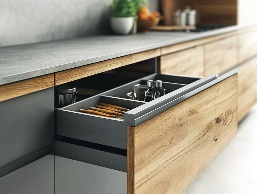 Handleless wood kitchen cabinet drawer with organized utensils