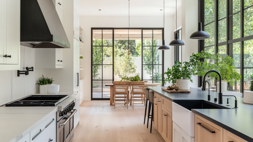 Minimalist Nordic kitchen with white upper cabinets, wood lower cabinets, black countertops, and modern black pendant lighting.