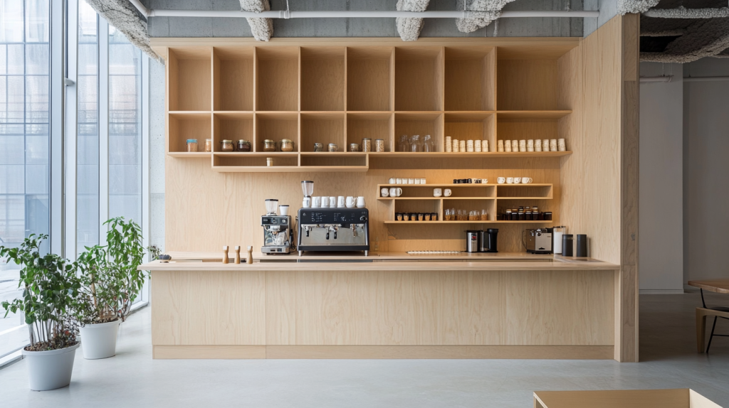 minimalist two tone kitchen with light natural wood open shelves and panel cabinets in a modern cafe-style setting
