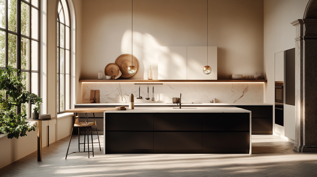 two tone kitchen cabinets with white uppers and matte black base cabinets in a modern minimalist kitchen