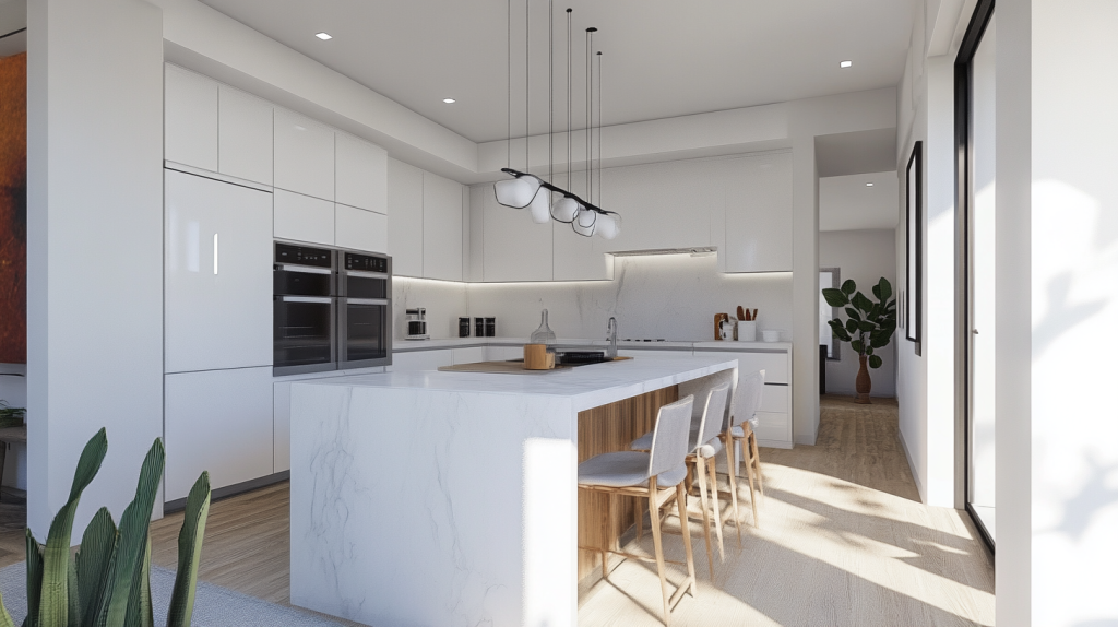 Minimalist modern kitchen with white cabinets and marble island. Clean design with minimalist features and high-quality finishes, offering a contemporary feel.