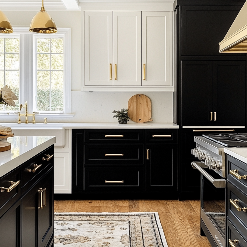 Mixed cabinetry featuring black base cabinets and white upper cabinets with gold hardware.