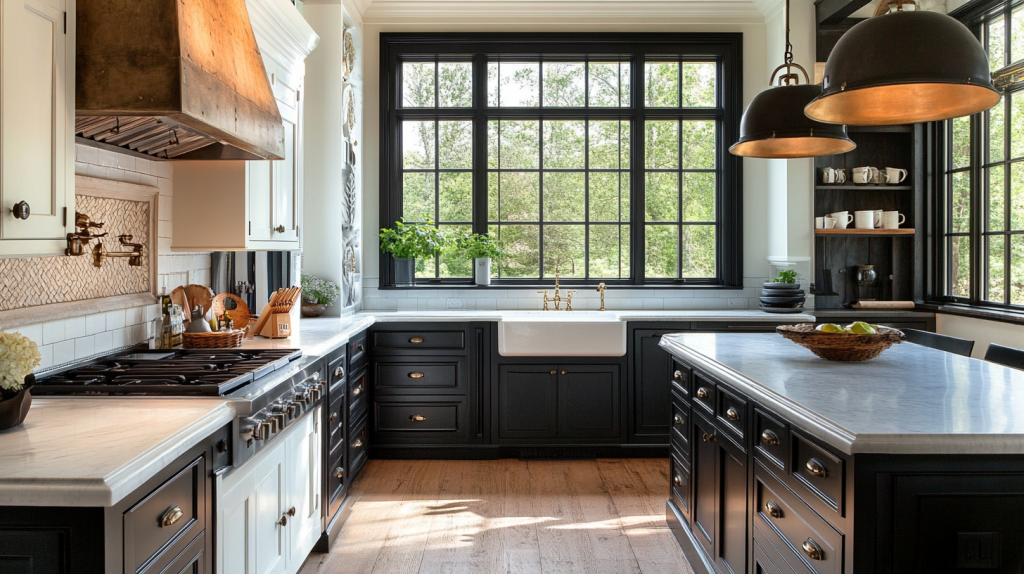 Black and white kitchen cabinets featuring matte black lower cabinets, white upper cabinets, and white marble countertops with brass hardware.