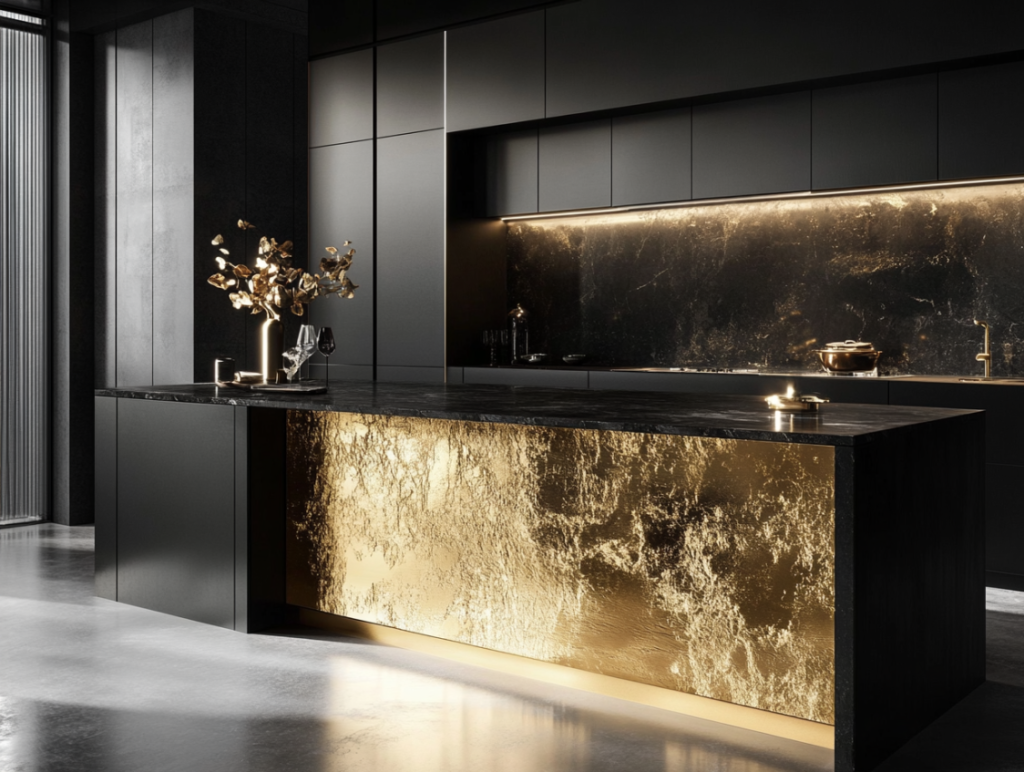 Black kitchen island with gold textured front panel and matching gold hardware in a modern kitchen setting.