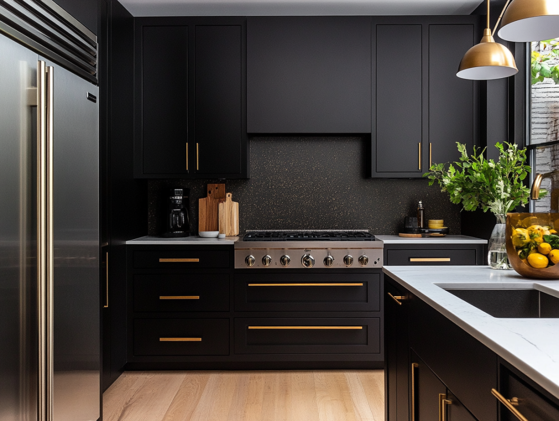 Modern black kitchen with gold hardware, stainless steel appliances, and light wood flooring.
