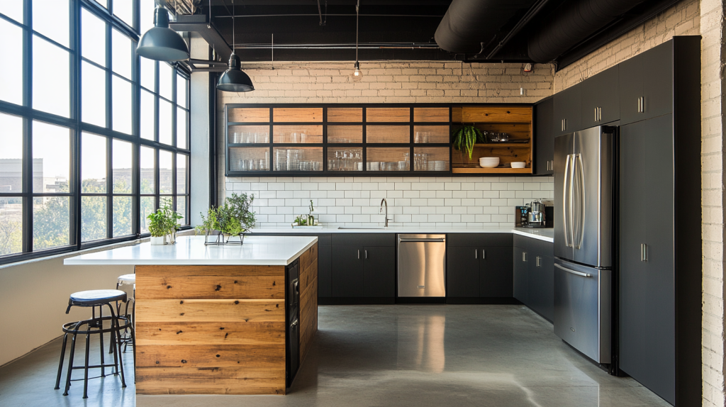Black metal frame kitchen cabinets with white countertops and wood accents in a modern kitchen.