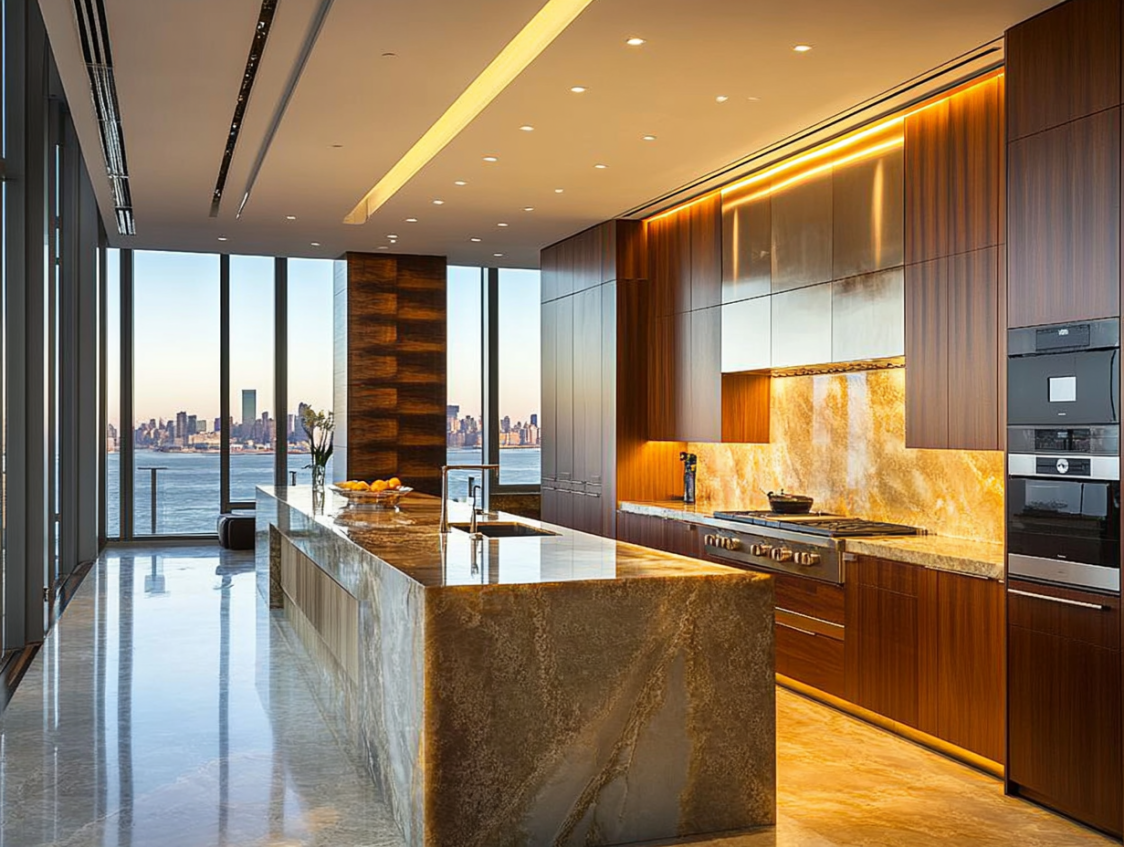 Spacious kitchen with rich and layered modern cherry kitchen cabinets, granite countertops, stainless steel appliances, and hardwood floors illuminated by large windows